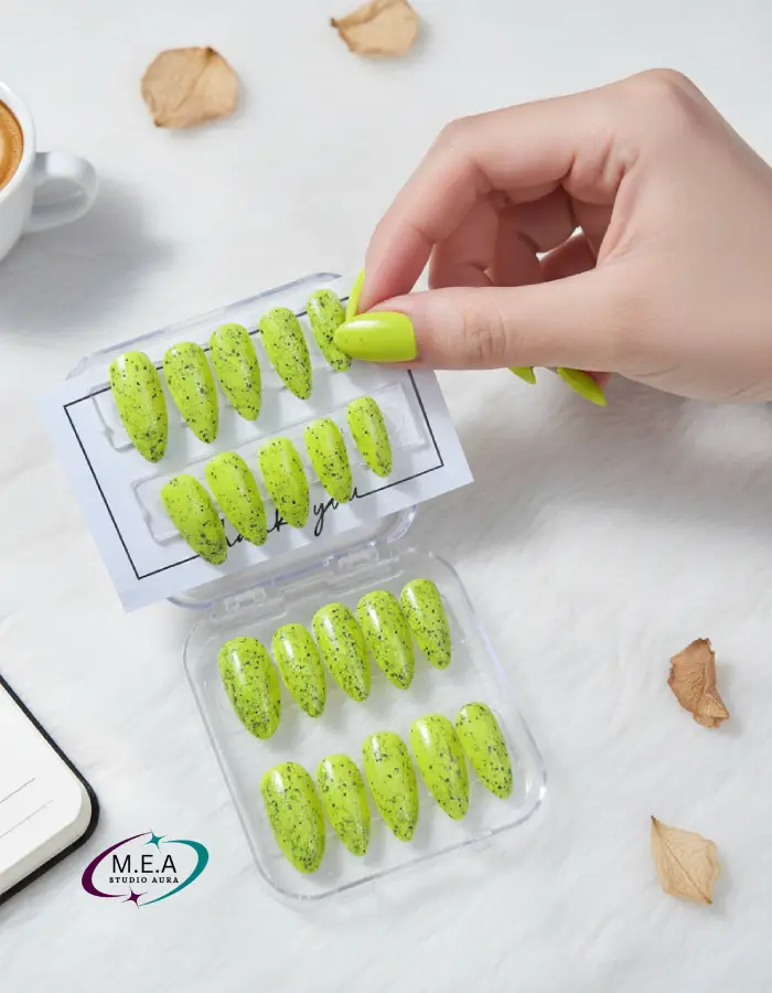 Press on nails. M.E.A Studio Aura. Press on nails de couleur jaune.